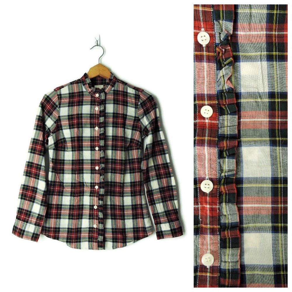 J. Crew Classic Tartan Plaid Ruffle Front Shirt XXS button down long sleeve 2XS